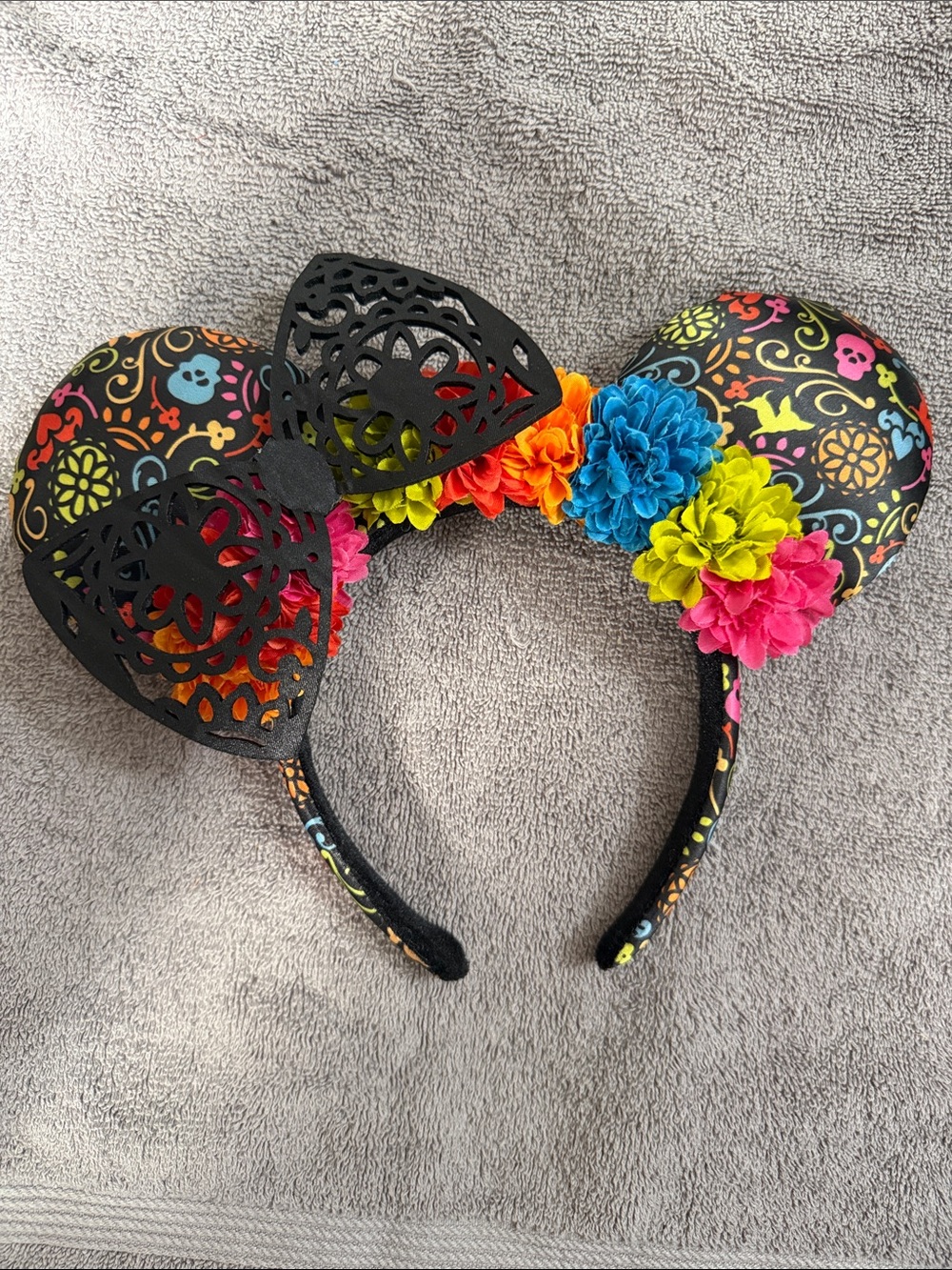 Disney Multicolor Sugar Skull Minnie Ears Headband with Black Laser-Cut Bow